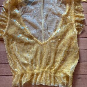 NWT Zara Yellow Sequin Ruffle Sleeve Top Sz Size